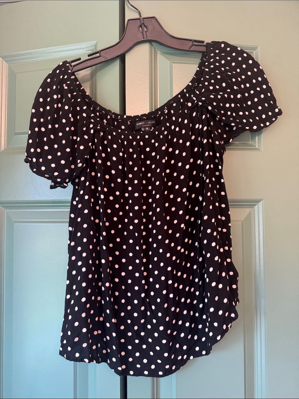 Universal Thread Black Polka Dot Off-Shoulder, Split Back Peasant Top
